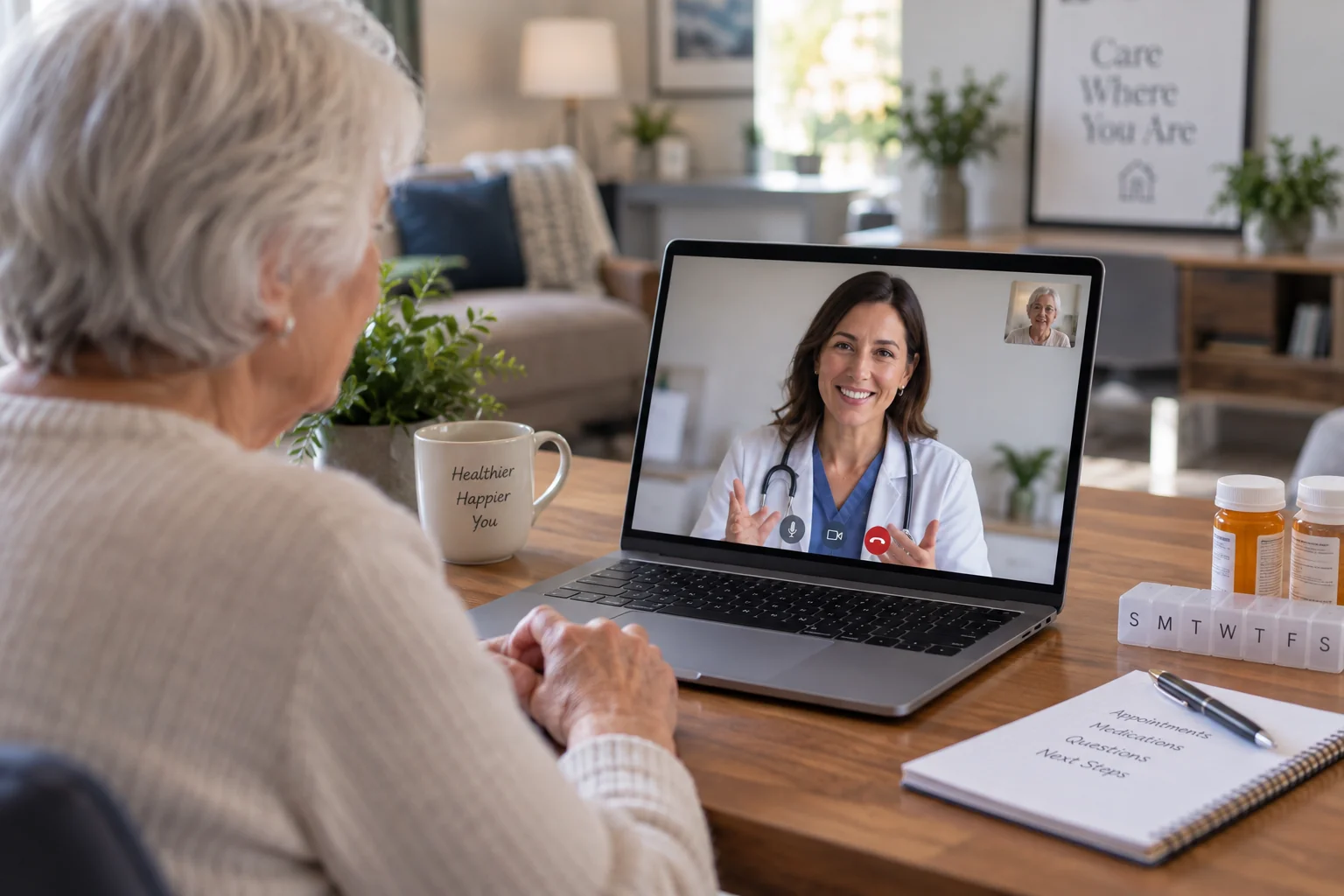 Patient reviewing medications and notes during a Home Doc telehealth visit after a hospital stay