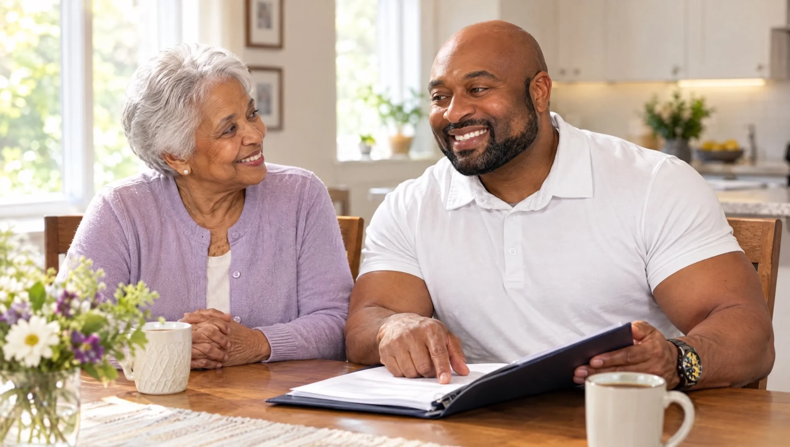 Raj, a Home Doc medical assistant, reviewing a care plan with a smiling senior patient at her kitchen table